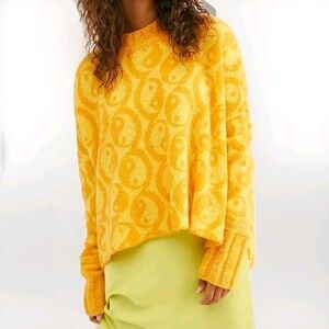 Free People Yin Yang Jacquard Knit Pullover Oversized Sweater Yellow Orange Sz M
